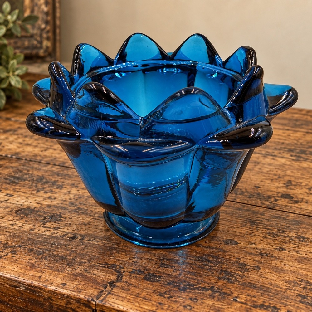 Mid Century Viking Glass Bluenique Artichoke Flowerette Vase Dish Candleholder